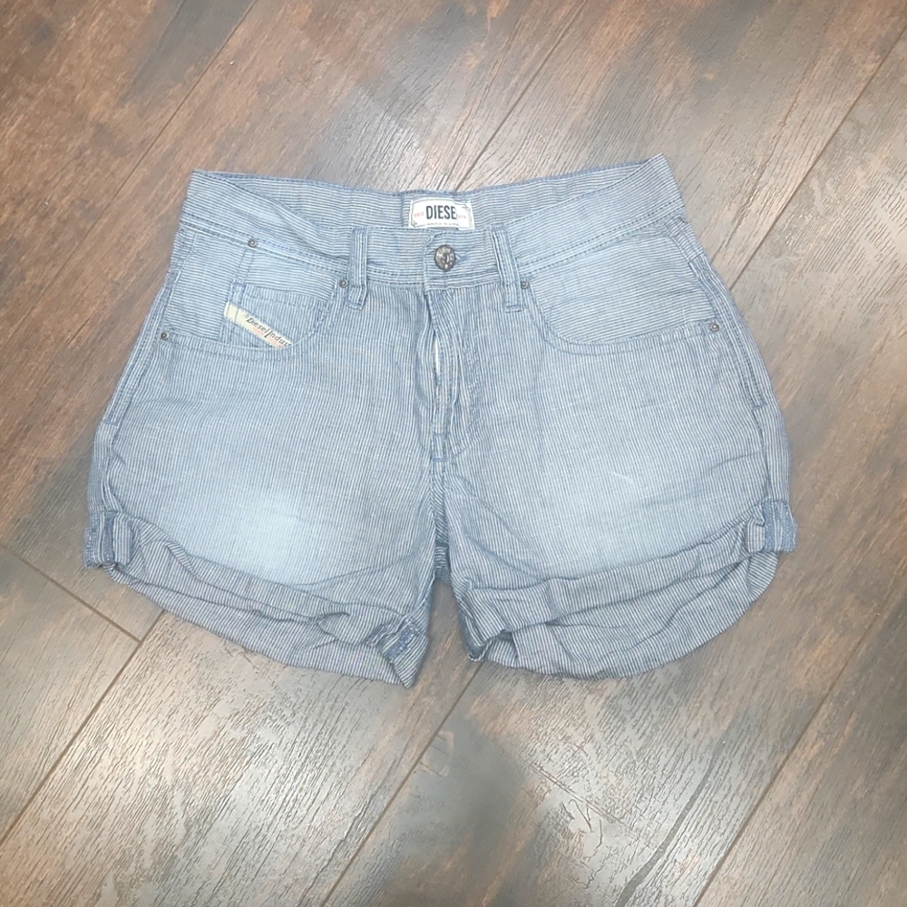 DIESEL striped linen blend cuffed chambray denim shorts 24